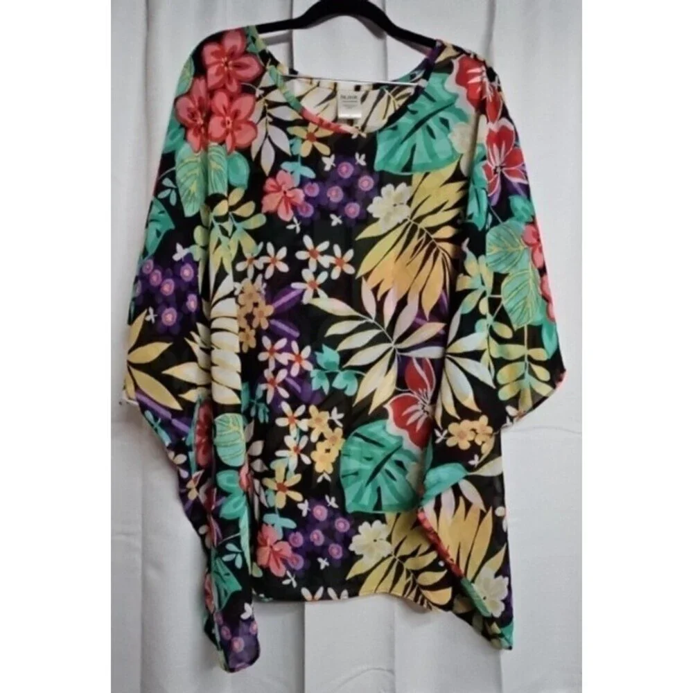 Blair Womans Plus Size 3XL Sheer Top Tropical Floral Swim Cover Up